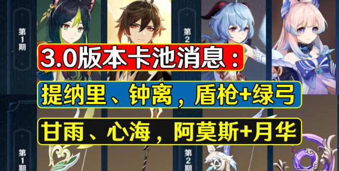 原神3.0版本卡池消息爆料,上有钟离再次复刻下有心海利好萌新？